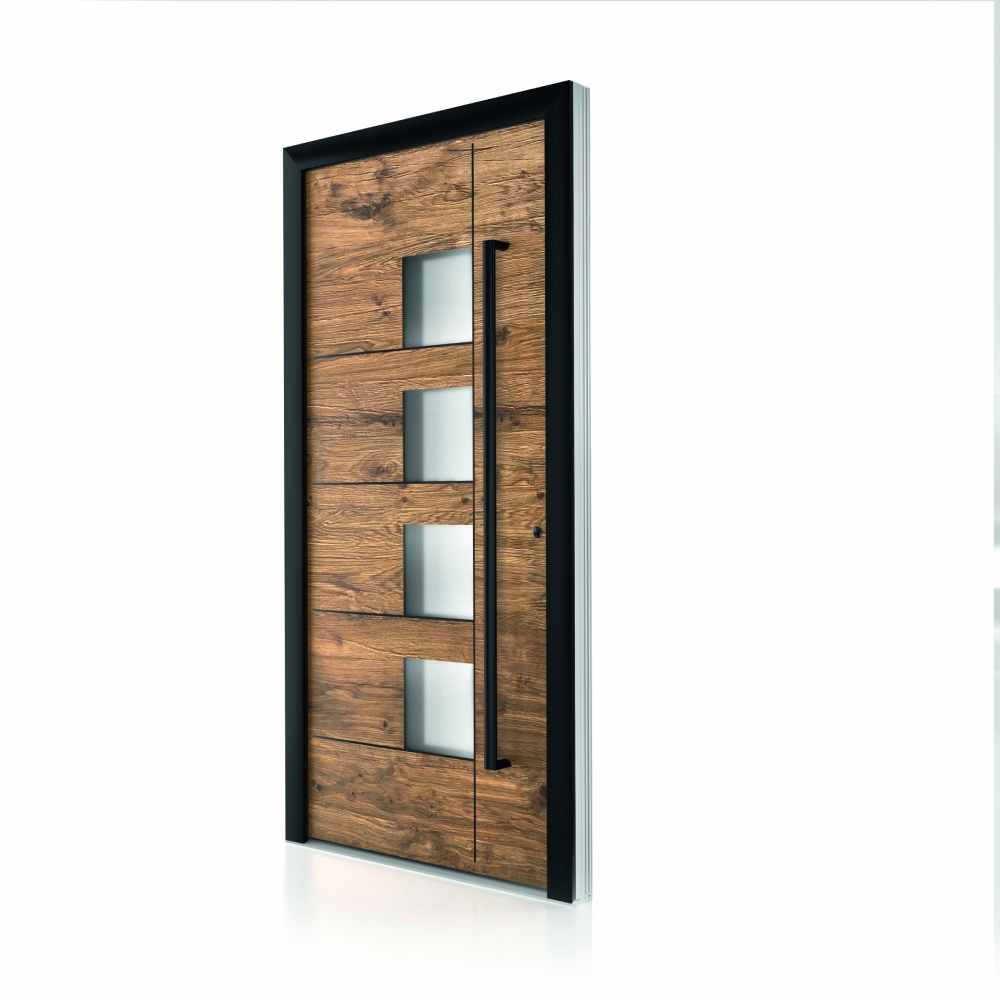 porte d'entrée bois et aluminium avec carreaux vitrés intégrés et bâton de maréchal. ultra sécurisée, moderne et isolante. marque internorm. leader européen. par Niort menuiserie, entreprise de pose de menuiseries, Deux-Sèvres, 79, France