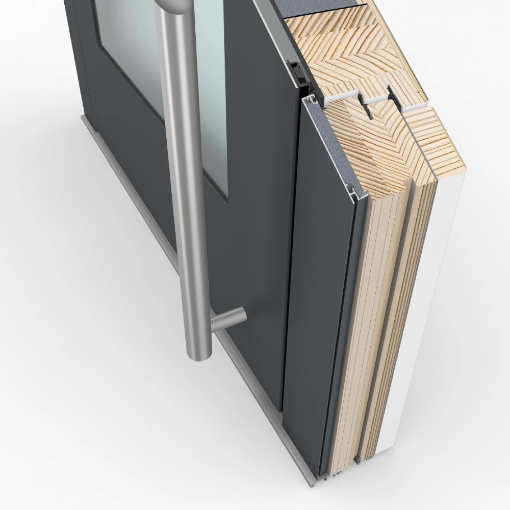 coupe de porte d'entrée bois et aluminium. bâton de maréchal. ultra sécurisée, moderne et isolante. marque internorm. leader européen. par Niort menuiserie, entreprise de pose de menuiseries, Deux-Sèvres, 79, France