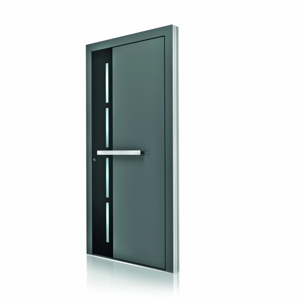 porte d'entrée aluminium avec panneau plain et bâton de maréchal. ultra sécurisée, moderne et isolante. marque internorm. leader européen. par Niort menuiserie, entreprise de pose de menuiseries, Deux-Sèvres, 79, France