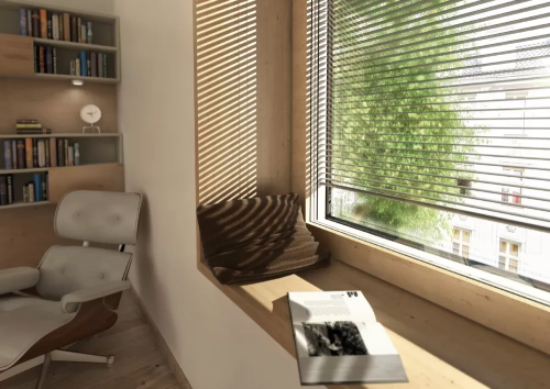 fenêtre en bois avec store intégré. double vitrage. très moderne et élégante. sécurisée et isolation thermique phonique maximales. marque internorm. leader européen. par Niort menuiserie, entreprise de pose de menuiseries, Deux-Sèvres, 79, France
